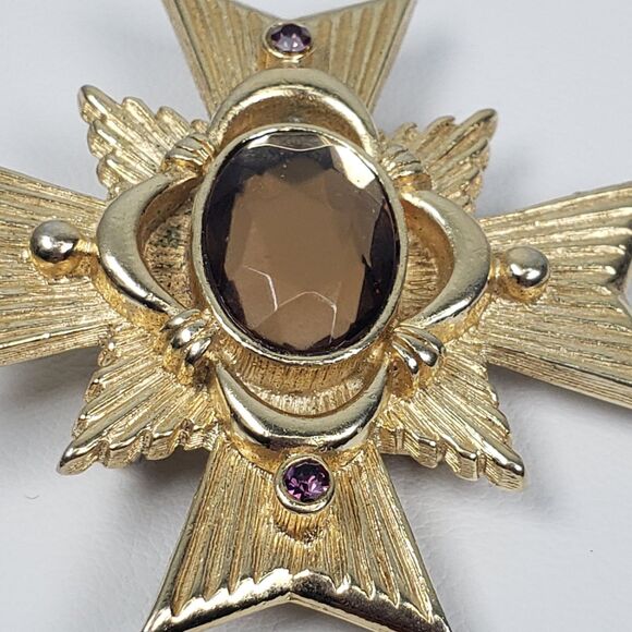 1983 Avon Maltese Cross Allegro Collection Amber Color Gold Tone Brooch Pendant - Picture 7 of 13